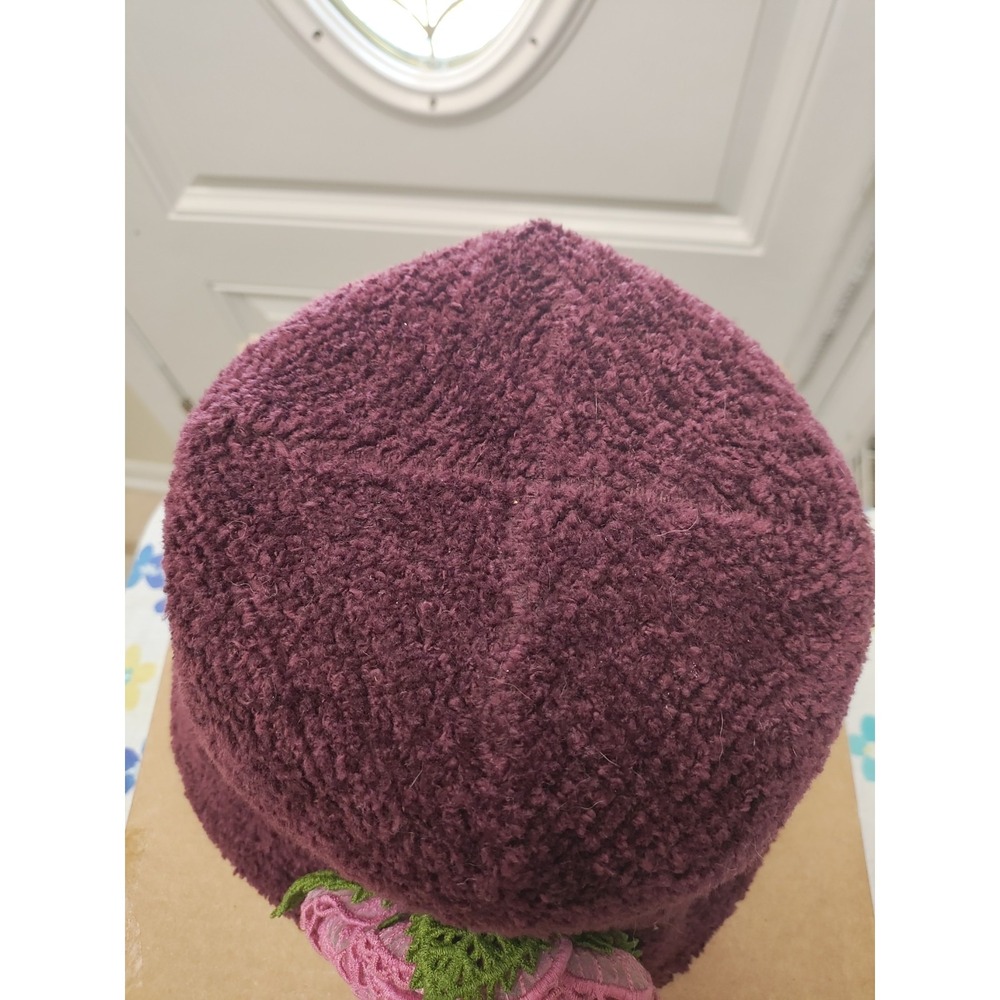Cloche/Bucket Chenille Hat With Crochet/Fabric Flower - Picture 2 of 3